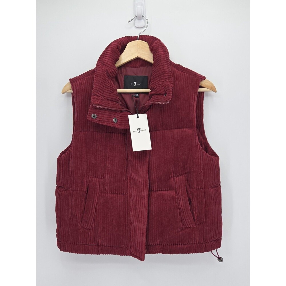 New  7 For All Mankind Corduroy Puffer Vest Full Zip/Button Maroon Size XS